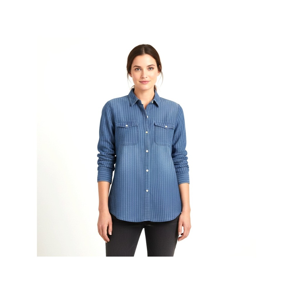 LAUREN RALPH LAUREN Linen BLUE w/WHITE PINSTRIPES Button-Up Shirt/Top Sz M